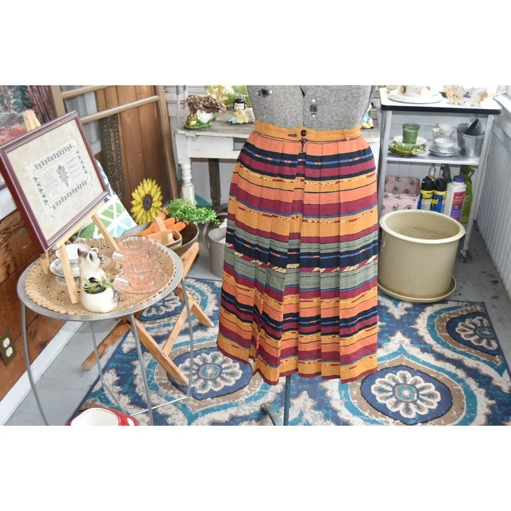 Vintage Pleated Tribal Skirt Colorful-Lined Striped Made in England Size Small